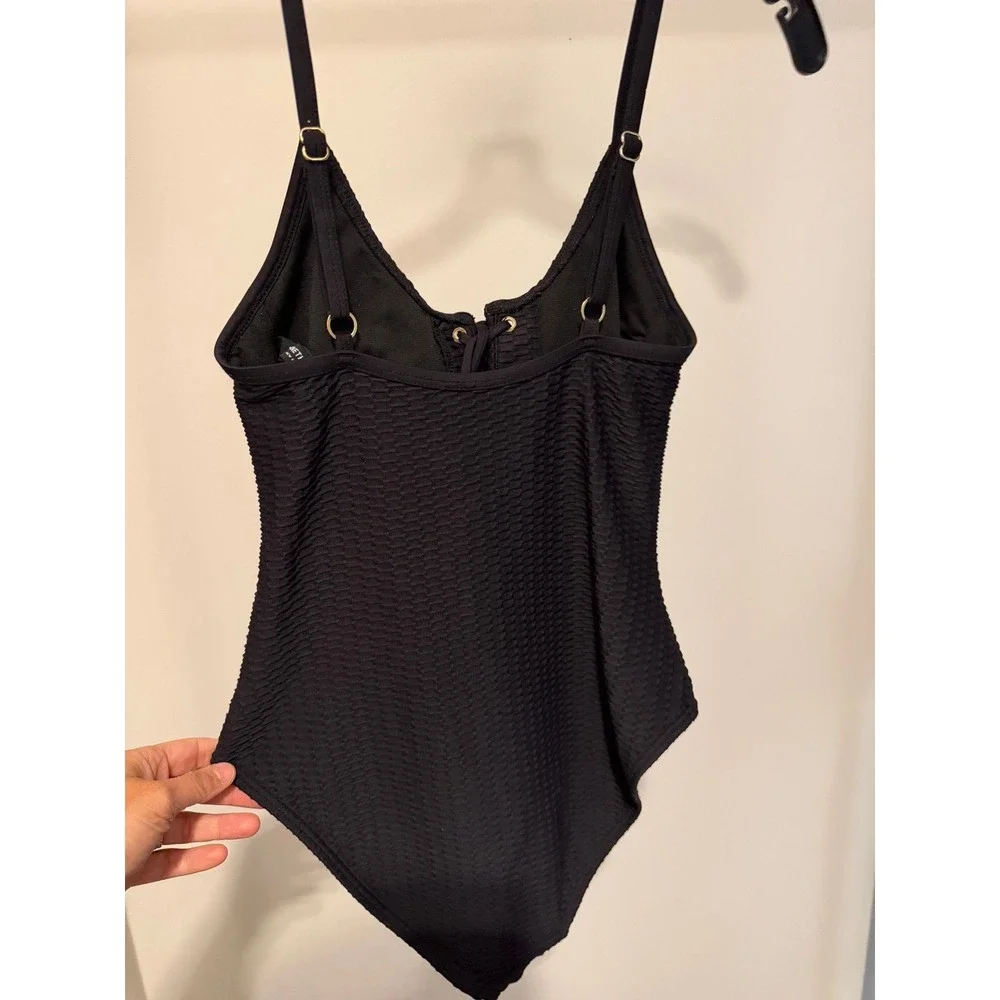 Kenneth‎ Cole Black Textured Lace-Up Front One-Piece Swimsuit